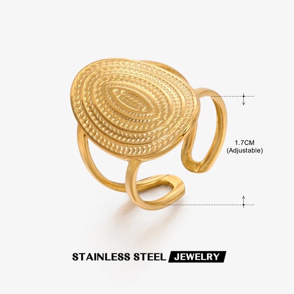 Oval chiseled stainless steel gilded with fine gold adjustable ring - Picture 3 of 5